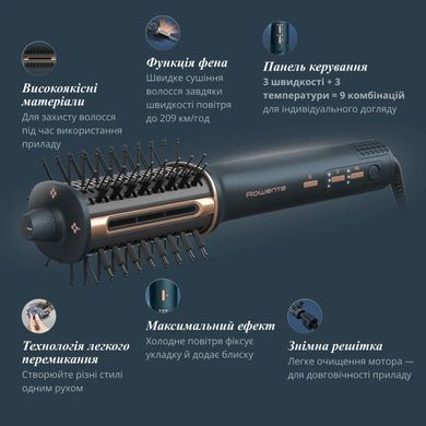 Rowenta Фен-щітка Air Brush 3D, 1200Вт, 3 режими, іоніз-я, хол. обдув, функція фену, кераміка, чорно-золотий UB9720E0 фото