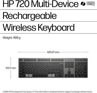 HP Клавіатура мембранна 720 Multi-Device Rechargeable, 109key, WL/BT, EN/UK, чорний 9T5B1AA фото