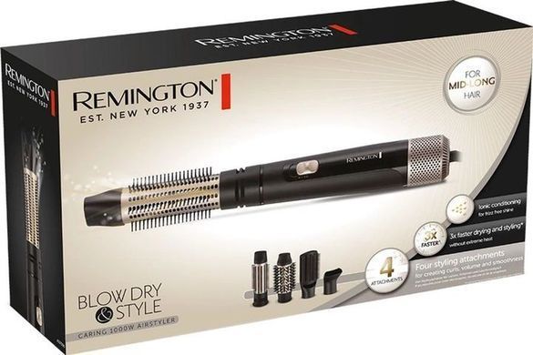 Remington Фен-щітка Blow Dry & Style Caring, 1000Вт, 2 режими, іоніз-я, хол. обдув, чохол, кераміка, чорно-золотий AS7500 фото