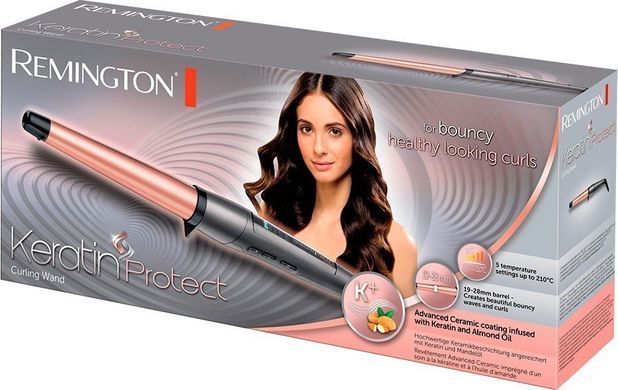Remington Плойка Keratin Protect, конусна, 48Вт, темп.режимів-5, D-19-28mm, 150-210С, кераміка, сріблястий CI83V6 фото