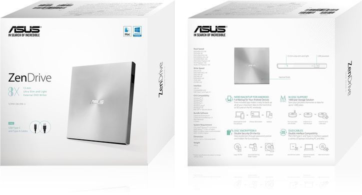 ASUS Привід оптичний портативний SDRW-08U9M-U DVD+-R/RW burner M-DISC USB2.0 Slim срібний Retail Box 90DD02A2-M29000 фото