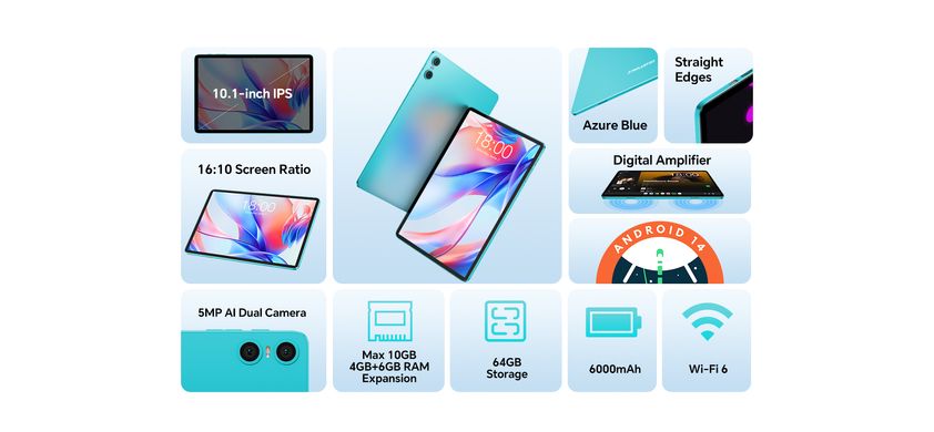 TECLAST Планшет P30 10,1" 4ГБ, 64ГБ, 6000мА•ч, Android, голубой 6940709686201 фото