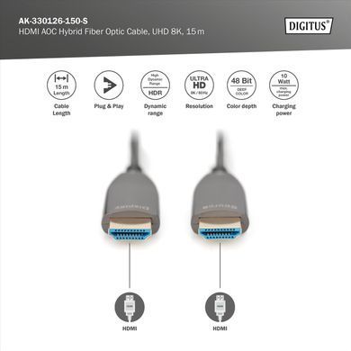 Digitus Кабель HDMI UHD 8K, AOC hybrid-fiber, type A M/M, 15м, чорний AK-330126-150-S фото