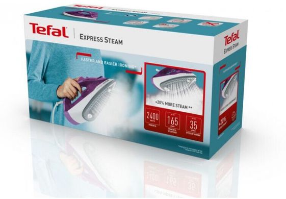 Праска Tefal Express Steam, 2400Вт, 270мл, паровий удар -165гр, постійна пара - 35гр, керам. підошва, фіолетовий FV2836E0 фото