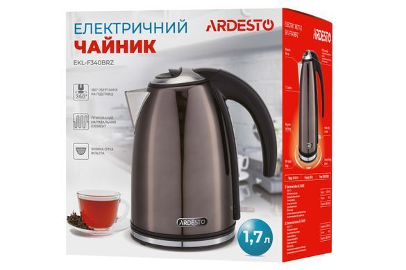 ARDESTO Електрочайник EKL-F340BRZ 1.7л/2200Вт/strix контроль/нерж. сталь/бронзовий EKL-F340BRZ фото