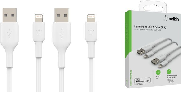 Belkin Кабель USB-A > Lightning зарядки/синхронизации 1м, PVC, (2 Pack), белый CAA001BT1MWH2PK фото