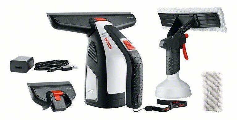 Bosch Пылесос для мытья окон GlassVAC, аккумуляторный, 3.6 В*2 Ач, контейнер 0.1Л, 0.7кг, +насадки и пульв. 0.600.8B7.000 фото