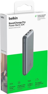 Belkin Акумулятор портативний літій-іонний Power Bank 10000мА·год, 15Вт, 2хUSB-A/USB-C, cірий BPB011BTGY фото