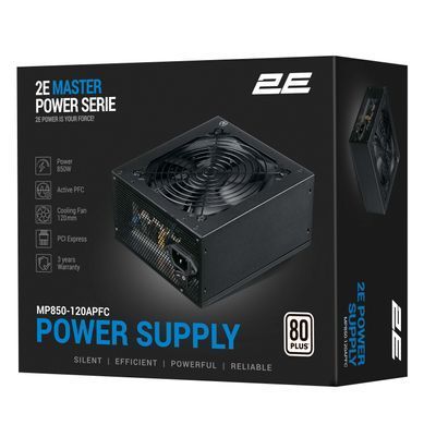 2E Блок живлення 2E Master Power (850W), >80%, 80+ White, 120мм, 1xMB 24pin(20+4), 1xCPU 8pin(4+4), 3xMolex, 5xSATA, 4xPCIe 8pin(6+2) 2E-MP850-120APFC фото