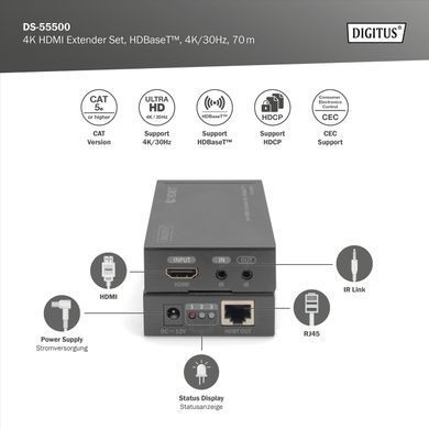 Digitus Набор удлинителей HDMI, HDBaseT, UHD 4K*2K@30Гц, (Cat 5E, 6, 7), 70м DS-55500 фото