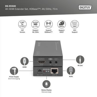 Digitus Набор удлинителей HDMI, HDBaseT, UHD 4K*2K@30Гц, (Cat 5E, 6, 7), 70м DS-55500 фото