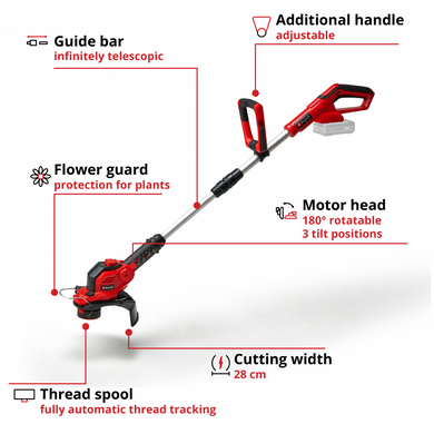 Einhell Тример садовий акумуляторний GE-CT 18/28 Li - Solo, PXC 18В, 28 см, волосінь 1.6 мм 3411242 фото