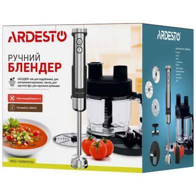 ARDESTO Блендер занурювальний HBSG-1000WHCHSL, 1000Вт, 7в1, чаша-2000мл, насадка для нарізання кубіками, чорно-сріблястий HBSG-1000WHCHSL фото