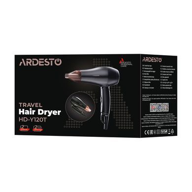 Фен Ardesto HD-Y120T, дорожній, 1200Вт, складна ручка, 2 швидкості, 2 темп. режими, чорний HD-Y120T фото
