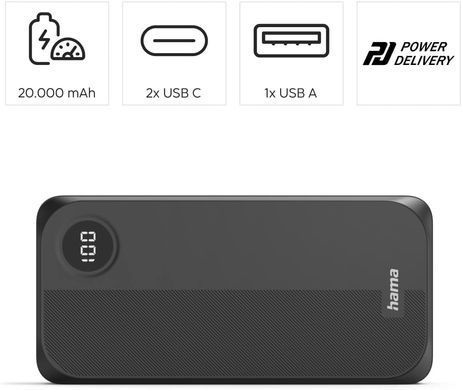 HAMA Акумулятор портативний літій-іонний Power Bank Hama 20000 мА&middot;год, 2хUSB-C/USB-A, black 00201755 фото