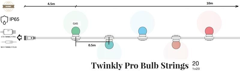 Twinkly Pro Smart LED Гірлянда Twinkly Pro Strings RGB 20, G45 лампи, IP65, AWG22 PVC, чорний TW-PLC-G45-FR-20-STP-B фото
