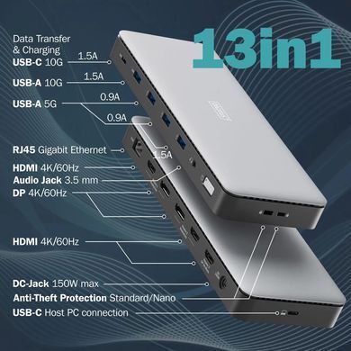 Digitus Док-станція USB-C > 3xHDMI/2xDP/4xUSB-A/USB-C/RJ45/DC/Audio DA-70918 фото