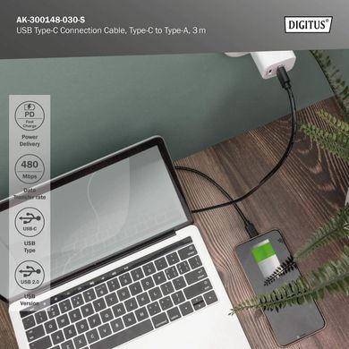 Digitus Кабель USB-A > USB-C заряджання/синхронізації, USB 2.0, M/M, 3м, чорний AK-300148-030-S фото