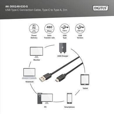 Digitus Кабель USB-A > USB-C заряджання/синхронізації, USB 2.0, M/M, 3м, чорний AK-300148-030-S фото