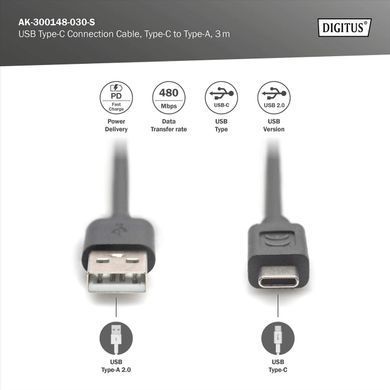 Digitus Кабель USB-A > USB-C заряджання/синхронізації, USB 2.0, M/M, 3м, чорний AK-300148-030-S фото