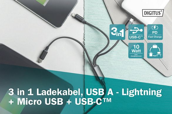 Кабель DIGITUS 3-in-1 Charger Cable AK-300160-010-S фото