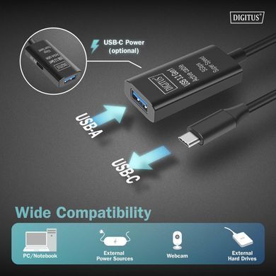 Digitus Удлинитель USB 3.2 Gen1 Active Cable 5G, C/M-A/F, 5м, черный DA-73110 фото