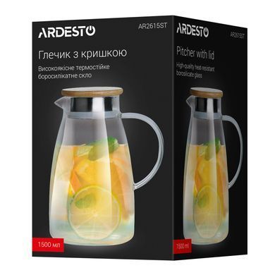 ARDESTO Кувшин с крышкой, 1500мл, боросиликатное стекло, бамбук, нержавеющая сталь, прозрачный AR2615ST фото
