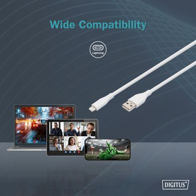 Digitus Кабель USB-A > Lightning зарядки/синхронизации, 2м, USB 2.0, 12W, силиконовый, белый AK-600108-020-W фото