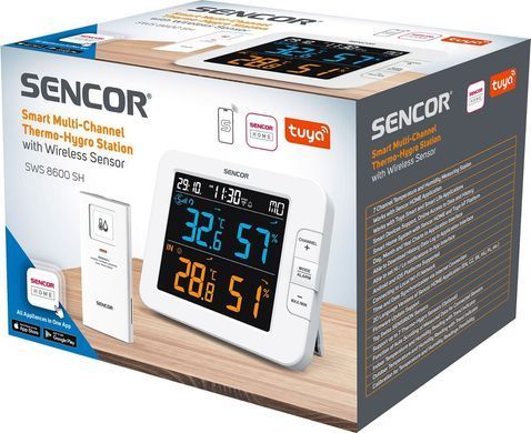 Sencor Метеостанція, внутр/зовн вимірювання, температура, вологість, час, дні тижня, календар, підтримує платформи Android та iOS, Білий SWS8600SH фото