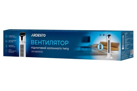 ARDESTO Вентилятор напольный FNT-R36X1WY22 колонного типа, высота 90 см, дисплей, таймер, пульт ДУ, металлик