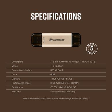 Transcend Накопичувач Transcend 512GB USB 3.2 Type-A + Type-C JetFlash 930 R420/W400MB/s Чорний TS512GJF930C фото