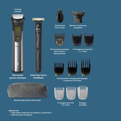 Philips Триммер Series 9000 для бороды, усов,головы, тела, интим.зон, акум., насадок-15, OneBlade в компл., сталь, серый MG9552/15 фото