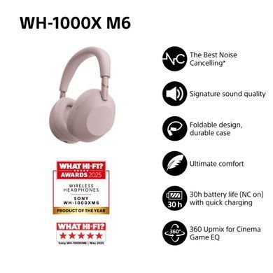 Sony Навушники Over-ear WH-1000XM6 BT 5.3, ANC, Hi-Res, AAC, LDAC, LC3, Wireless, Mic, Рожевий WH1000XM6P.E фото