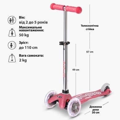 Самокат MICRO серії "Mini Deluxe Fairy Glitter LED" &ndash; РОЖЕВИЙ (до 50 kg, 3-х колісний, світло) MMD208 фото