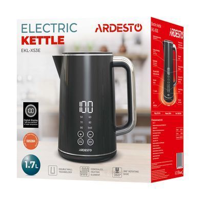 ARDESTO Електрочайник AEKL-X53E/1.7 л/2200 Вт/подвійні стінки/LED дисплей/Otter контроль/чорний EKL-X53E фото