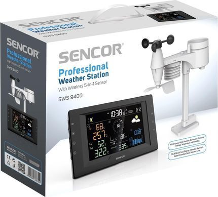Sencor meteorological station, in/out measurement, CR2032x1+AAx3, temperature, humidity, time, weather forecast, atm. pressure, wind speed SWS9400 фото
