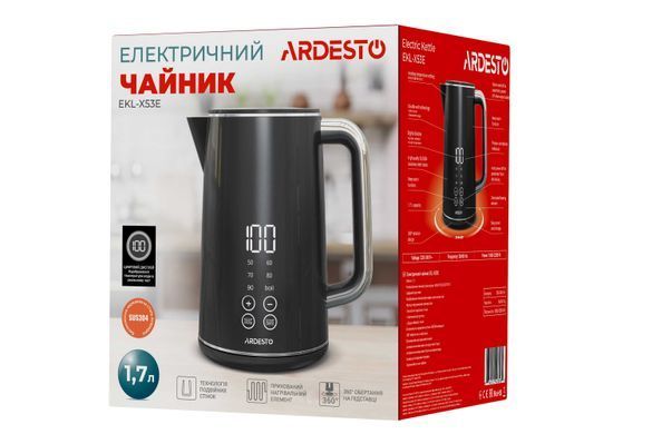 ARDESTO Електрочайник AEKL-X53E/1.7 л/2200 Вт/подвійні стінки/LED дисплей/Otter контроль/чорний EKL-X53E фото