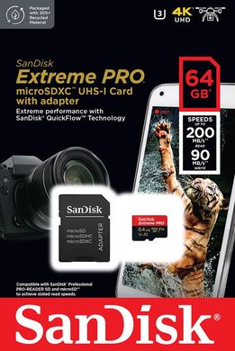 Карта пам'яті SanDisk microSD 64GB C10 UHS-I U3 R200/W90MB/s Extreme Pro V30 + SD SDSQXCU-064G-GN6MA фото