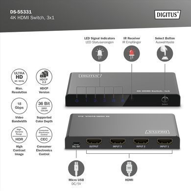 Digitus Відеокомутатор UHD HDMI (INx3 - OUTx1), 4K DS-55331 фото