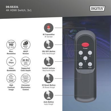 Digitus Відеокомутатор UHD HDMI (INx3 - OUTx1), 4K DS-55331 фото