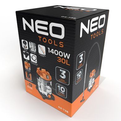 Neo Tools Профессиональный пылесос, 1400Вт, 18 кПа, контейнер 30л, HEPA, колеса, 5.92кг 04-738 фото