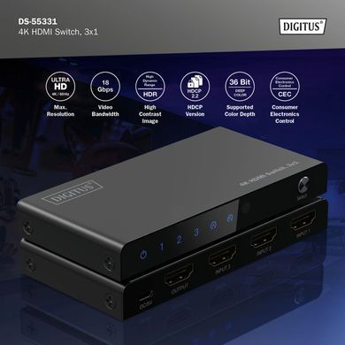 Digitus Відеокомутатор UHD HDMI (INx3 - OUTx1), 4K DS-55331 фото