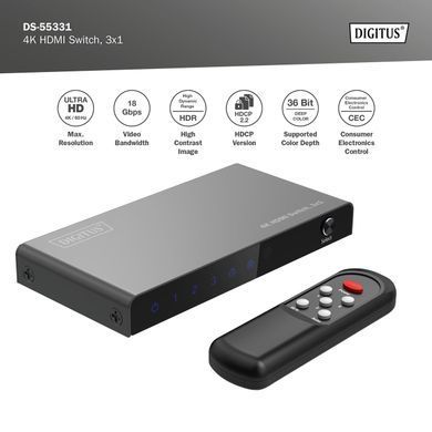 Digitus Відеокомутатор UHD HDMI (INx3 - OUTx1), 4K DS-55331 фото
