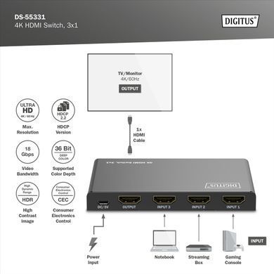 Digitus Відеокомутатор UHD HDMI (INx3 - OUTx1), 4K DS-55331 фото
