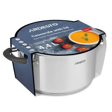 Каструля Ardesto Gemini Salerno, скляна кришка, 4.7 л, сірі ручки з силіконом, нержавіюча сталь AR1947CS фото