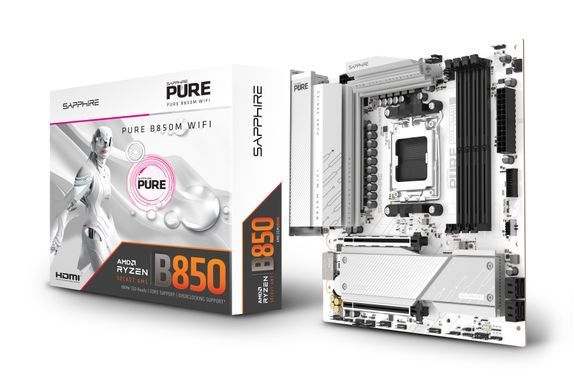 SAPPHIRE Motherboard PURE B850M WIFI sAM5 B850 4xDDR5 M.2 HDMI DP WiFi BT mATX білий 52123-02-40G фото