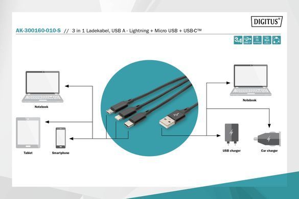 Digitus Кабель 3-in-1 Charger Cable AK-300160-010-S фото