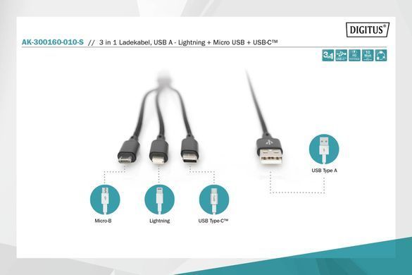 Digitus Кабель 3-in-1 Charger Cable AK-300160-010-S фото