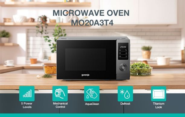 Gorenje Мікрохвильова піч Gorenje, 20л, електр. керув., 700Вт, дисплей, нерж MO20A3T4 фото