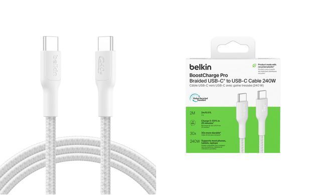 Belkin Кабель USB-C > USB-C заряджання/синхронізації 2м, 240Вт, Type-C, плетений, білий CAB025HQ2MWH фото